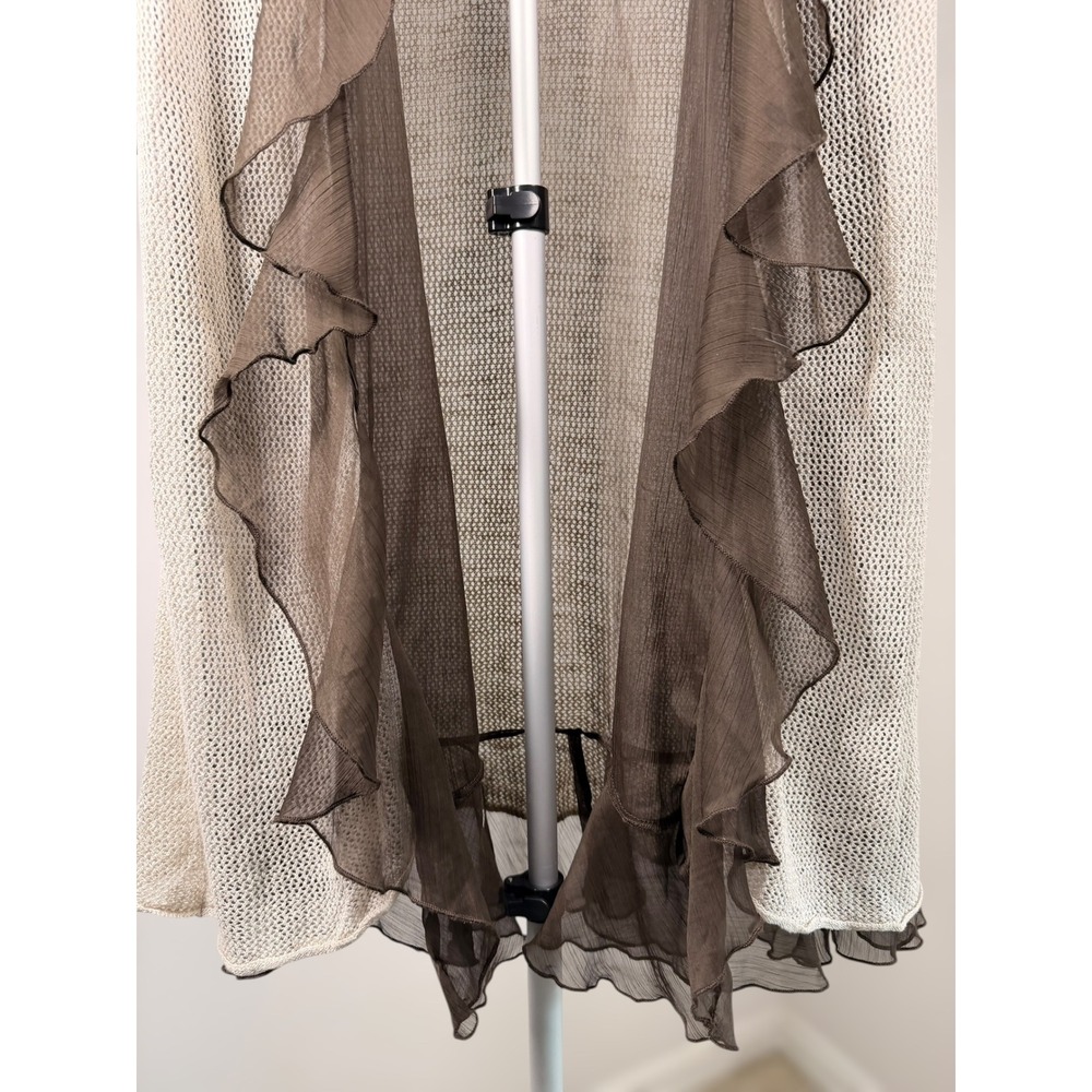 Chico's Open Front Mesh Cardigan Brown Ruffle Trim Linen Blend Short Sleeve 1 M - Picture 3 of 7